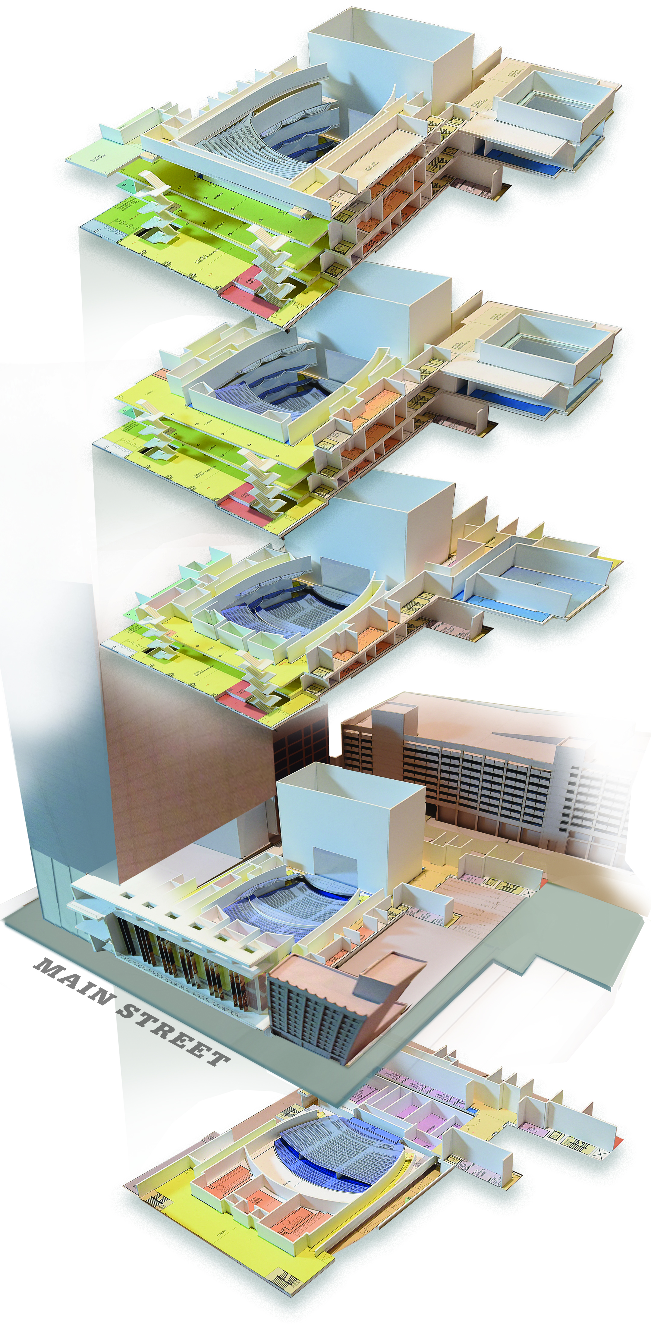 exploded view of eccles theater model shows all 5 levels