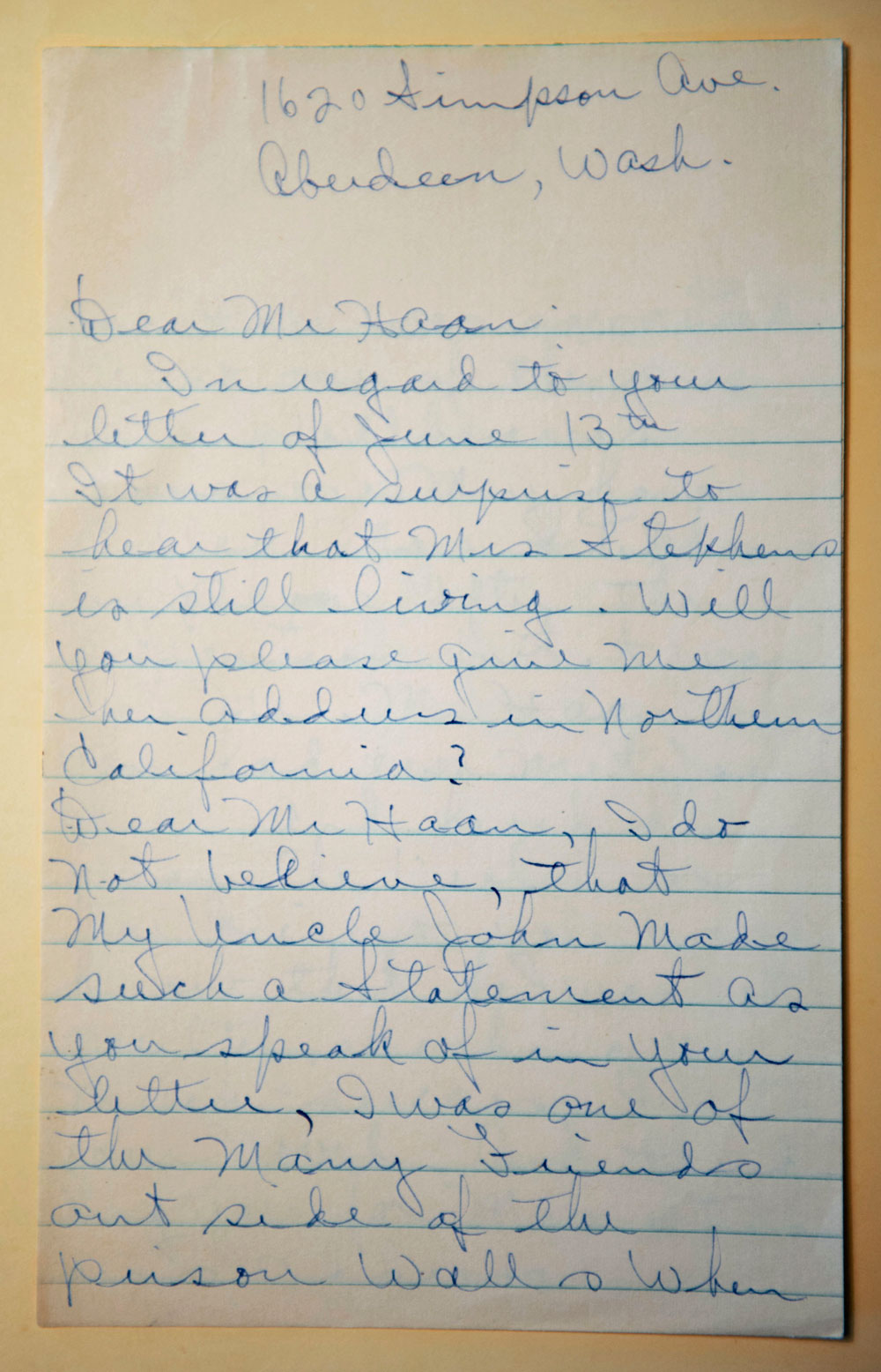 Letter by Hilda Erickson