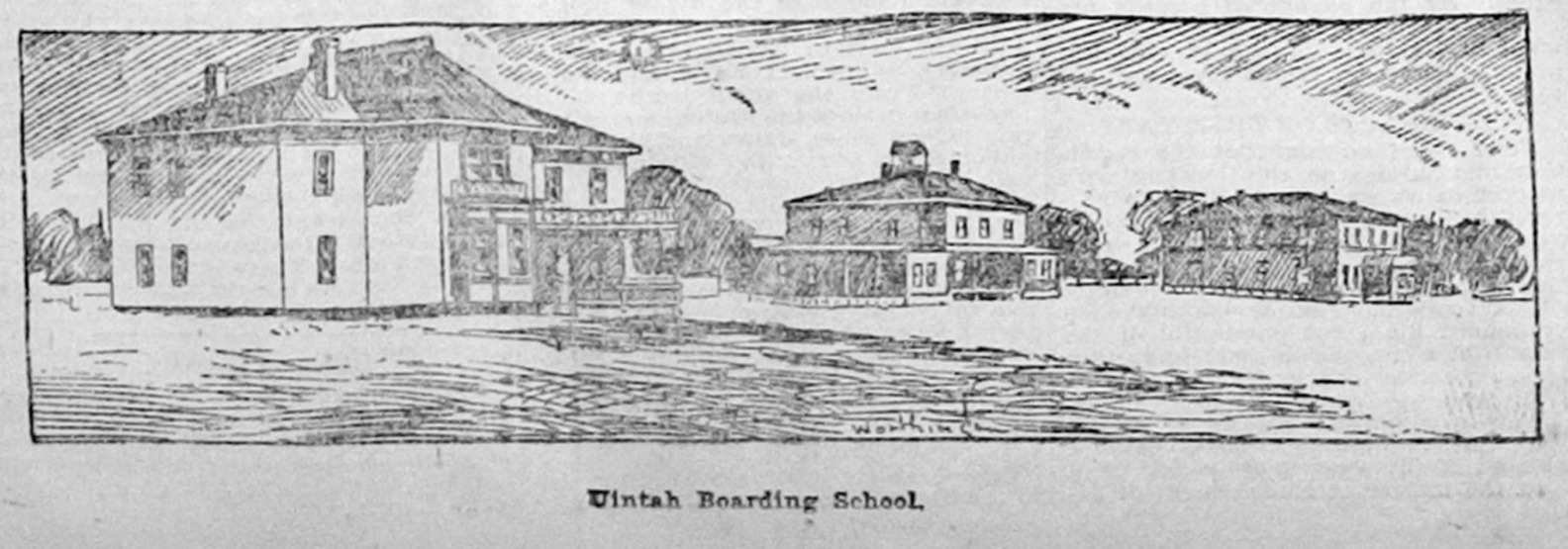 sketch of exterior boarding school buildings
